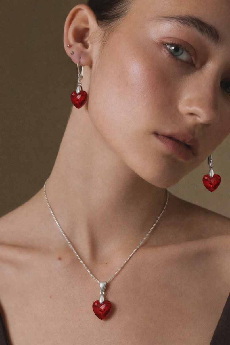 CONJUNTO COLLAR Y AROS CORAZON CRISTAL AUSTRIACO ROJO PLATA 925 - 3