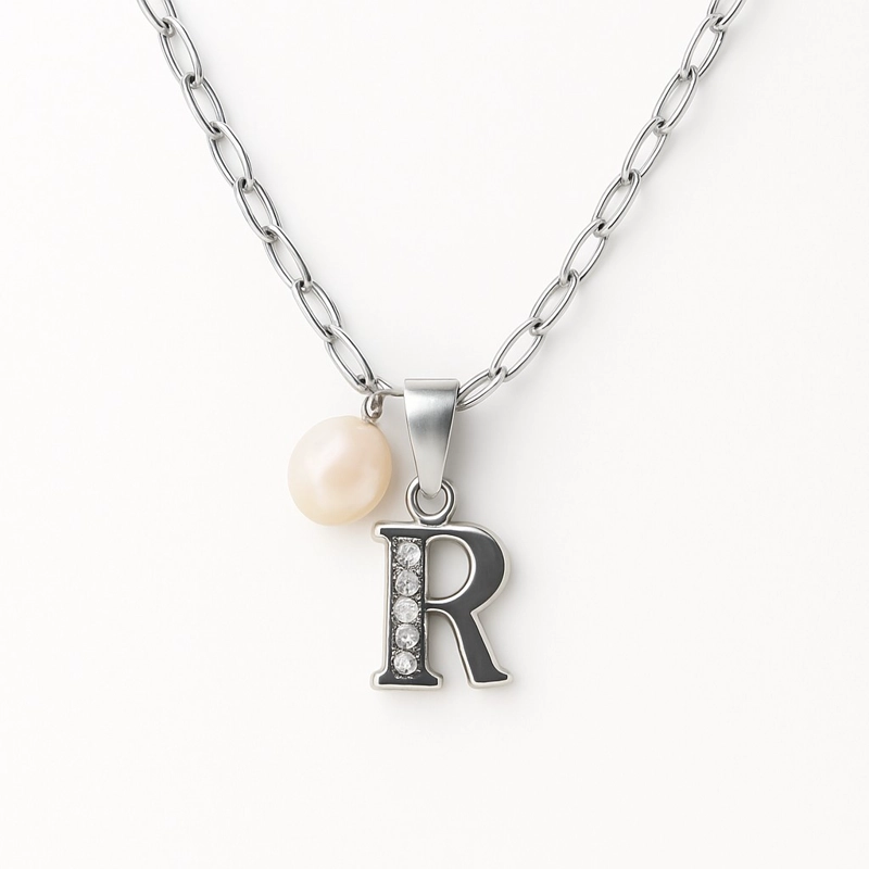 COLLAR LETRA R CIRCON PERLA DE RIO PLATA LEY 925 - 1