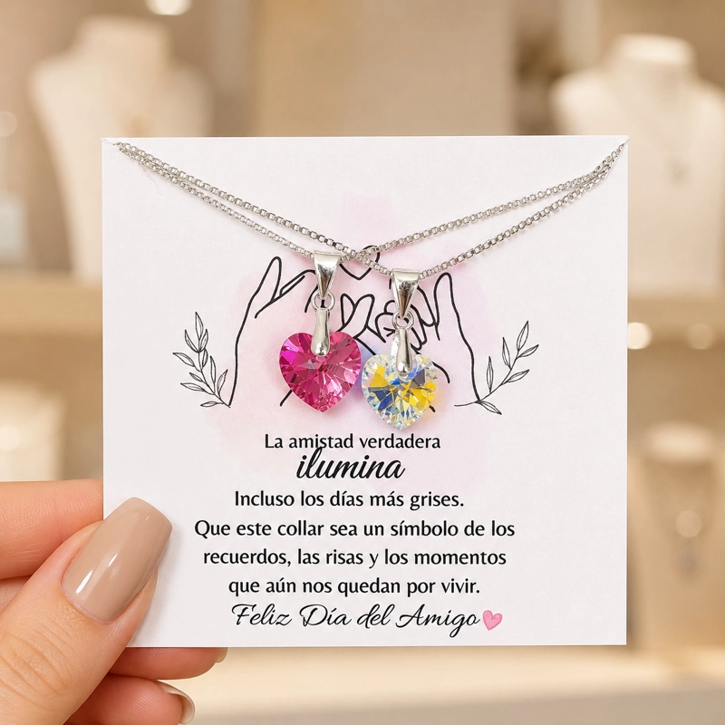 PACK 2 COLLARES CORAZON ROSA Y CRISTAL AMIGAS POR SIEMPRE PLATA 925 - 1