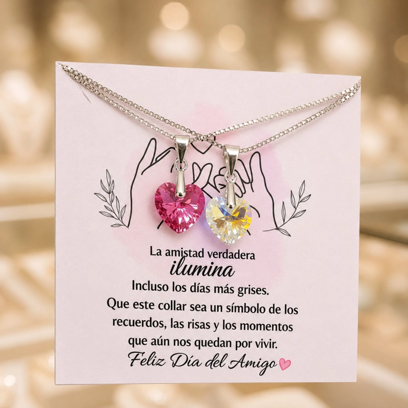 PACK 2 COLLARES CORAZON ROSA Y CRISTAL AMIGAS POR SIEMPRE PLATA 925 - 3
