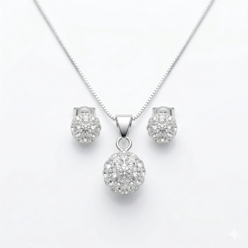 CONJUNTO COLLAR Y AROS ESFERA STRASS PLATA LEY 925 - 1
