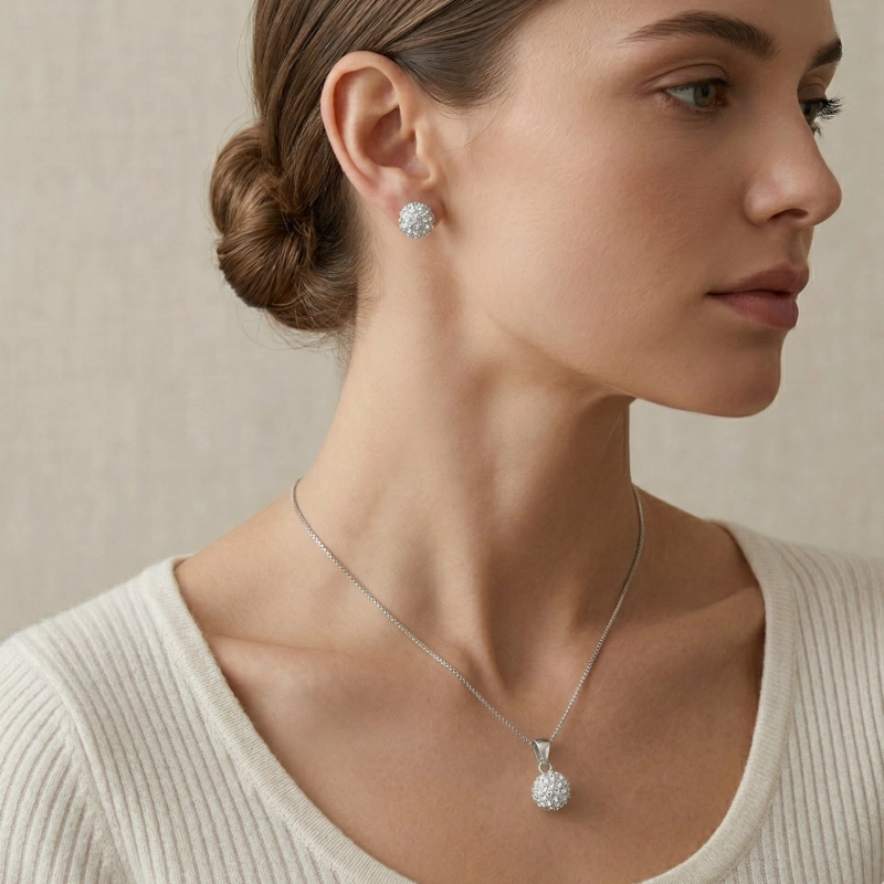 CONJUNTO COLLAR Y AROS ESFERA STRASS PLATA LEY 925 - 2