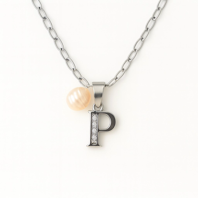 COLLAR LETRA P CIRCON PERLA DE RIO PLATA LEY 925 - 1