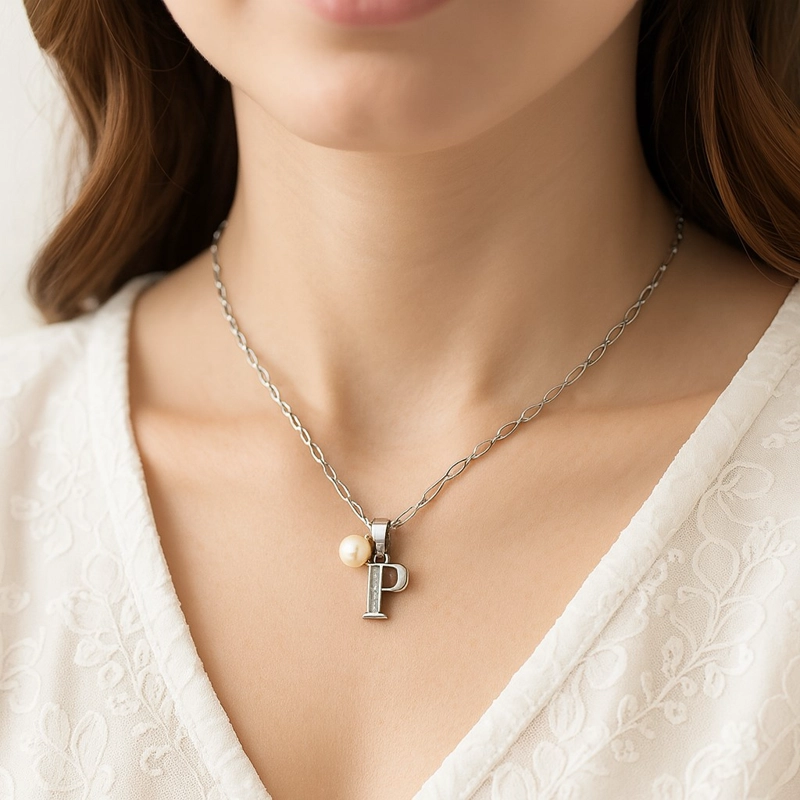 COLLAR LETRA P CIRCON PERLA DE RIO PLATA LEY 925 - 2