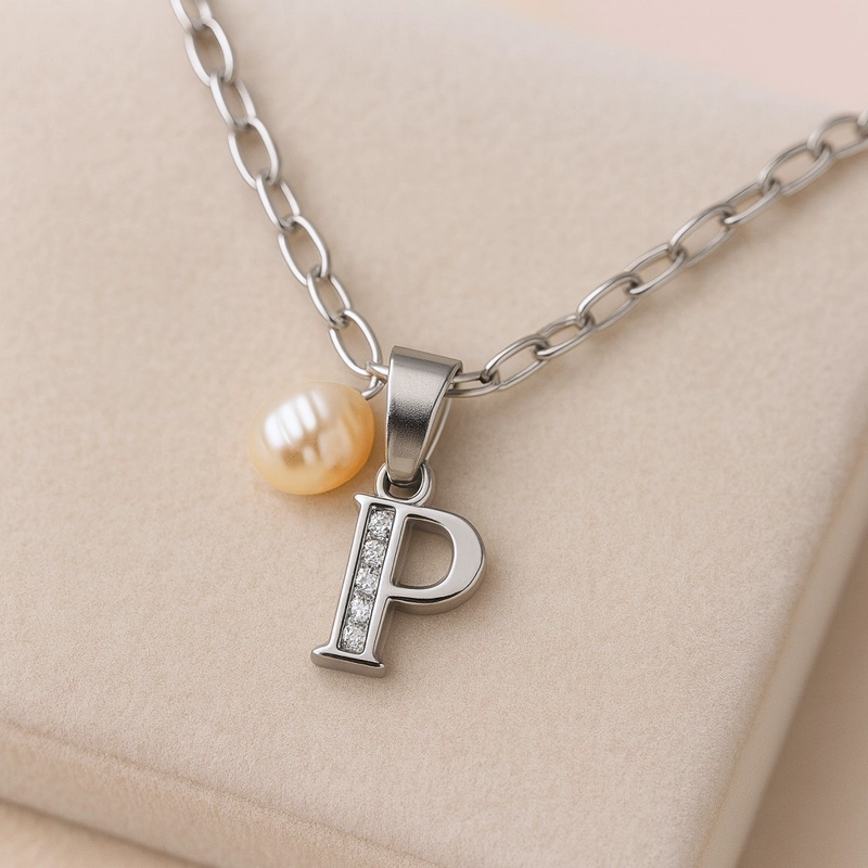 COLLAR LETRA P CIRCON PERLA DE RIO PLATA LEY 925 - 3