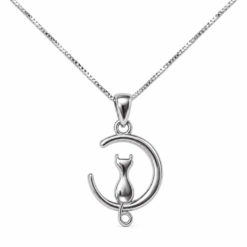 COLLAR GATO CON LUNA PLATA LEY 925