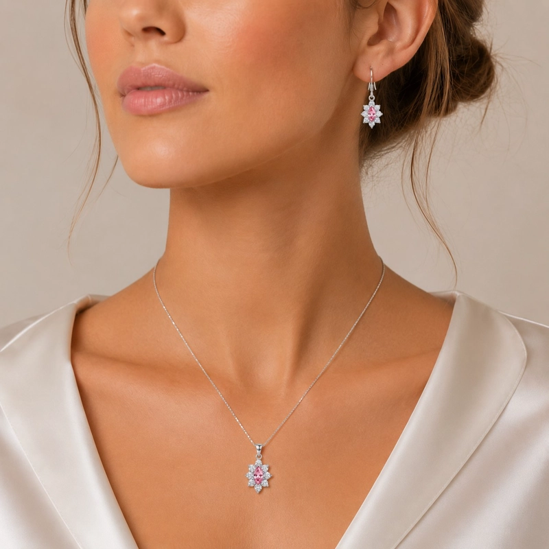 CONJUNTO COLLAR Y AROS LADY CIRCON PLATA LEY 925 - 2