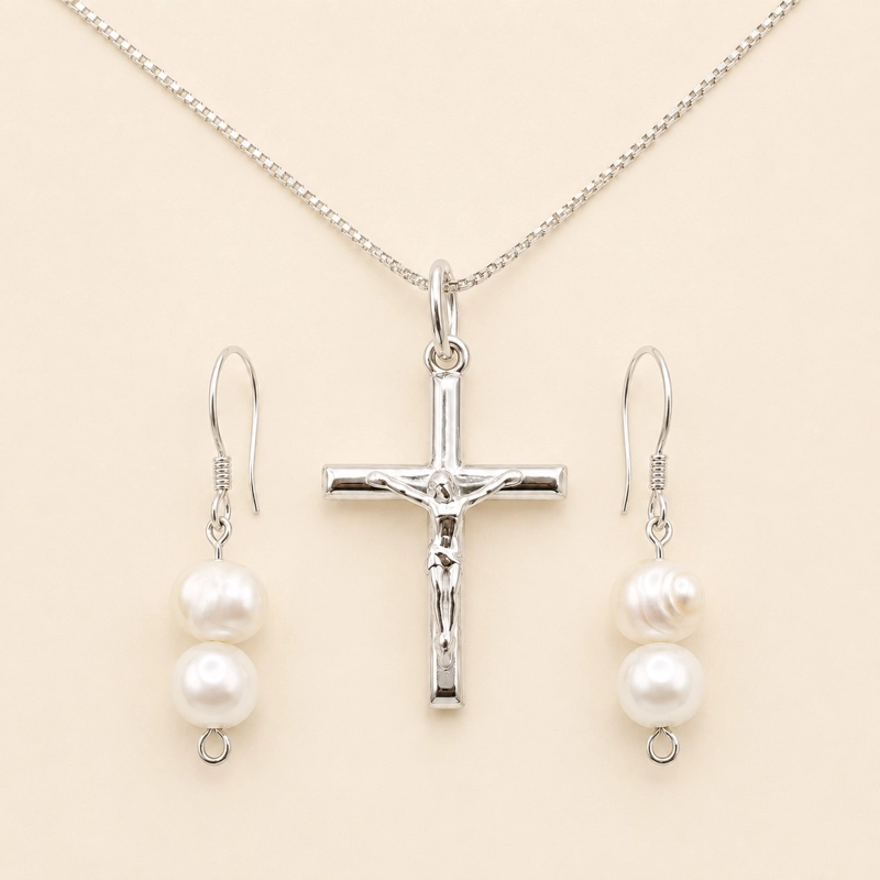 CONJUNTO COLLAR CRUCIFIJO Y AROS PERLA DE RIO NATURAL PLATA 925 - EDICIÒN LIMITADA - 1