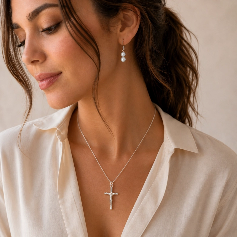 CONJUNTO COLLAR CRUCIFIJO Y AROS PERLA DE RIO NATURAL PLATA 925 - EDICIÒN LIMITADA - 2