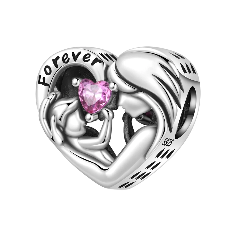 CHARM DIJE MAMA CON BEBE  CIRCON ROSA PLATA 925 - 1
