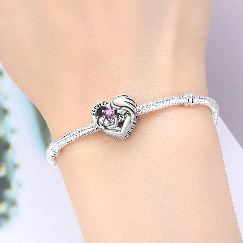 CHARM DIJE MAMA CON BEBE  CIRCON ROSA PLATA 925 - 2