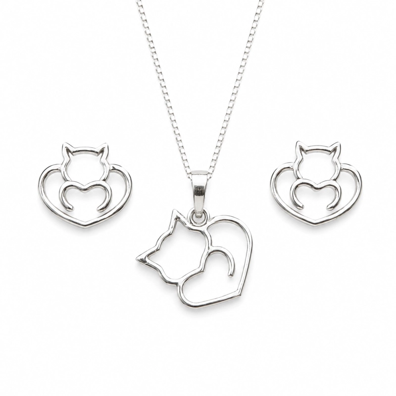 CONJUNTO COLLAR Y AROS GATO PLATA LEY 925