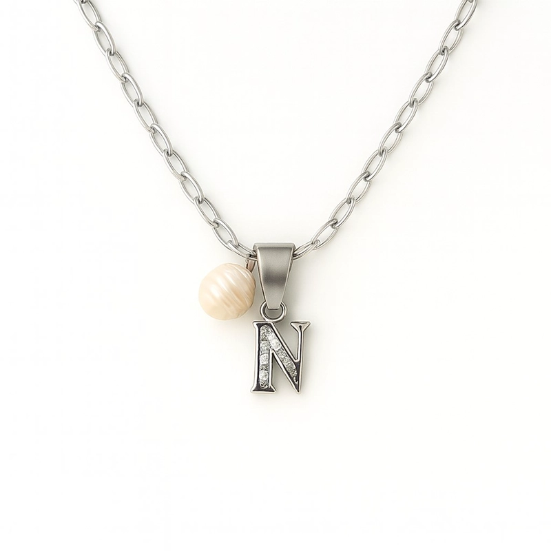 COLLAR LETRA N CIRCON PERLA DE RIO PLATA LEY 925 - 1