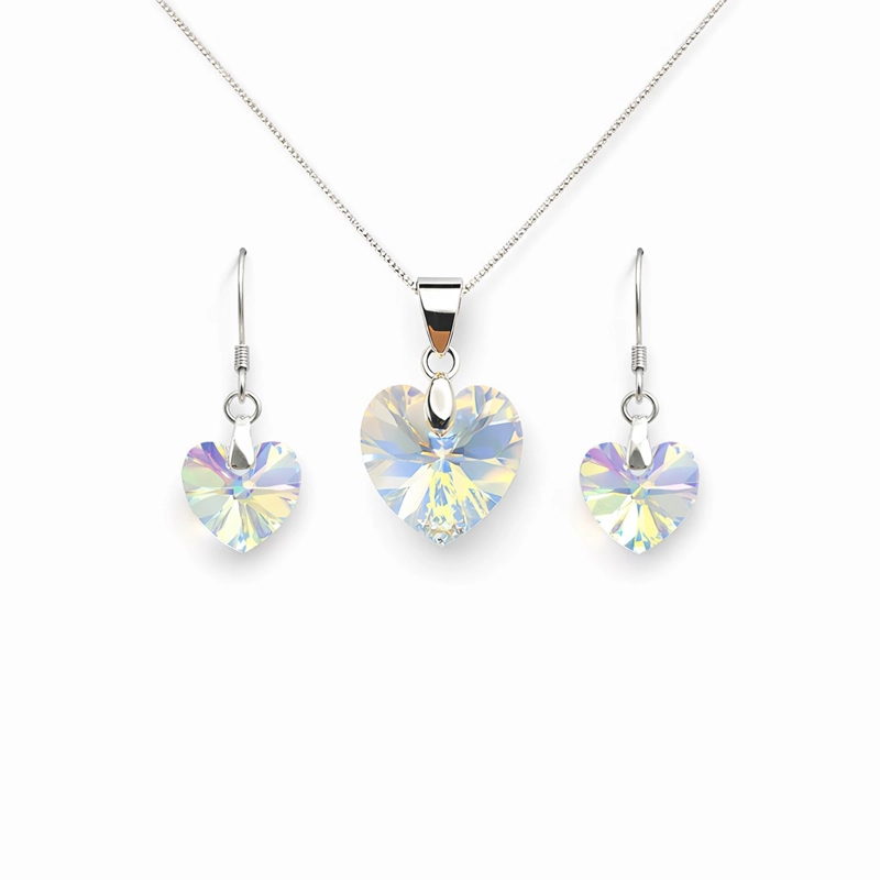 CONJUNTO COLLAR Y AROS CORAZON CRISTAL AUSTRIACO AURORA BOREAL PLATA 925 - 1