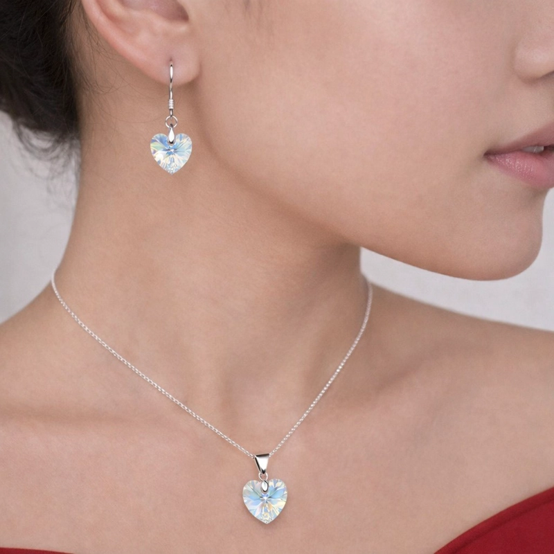 CONJUNTO COLLAR Y AROS CORAZON CRISTAL AUSTRIACO AURORA BOREAL PLATA 925 - 2