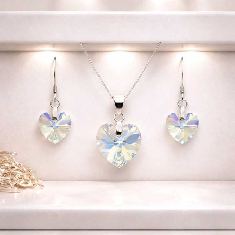 CONJUNTO COLLAR Y AROS CORAZON CRISTAL AUSTRIACO AURORA BOREAL PLATA 925 - 3