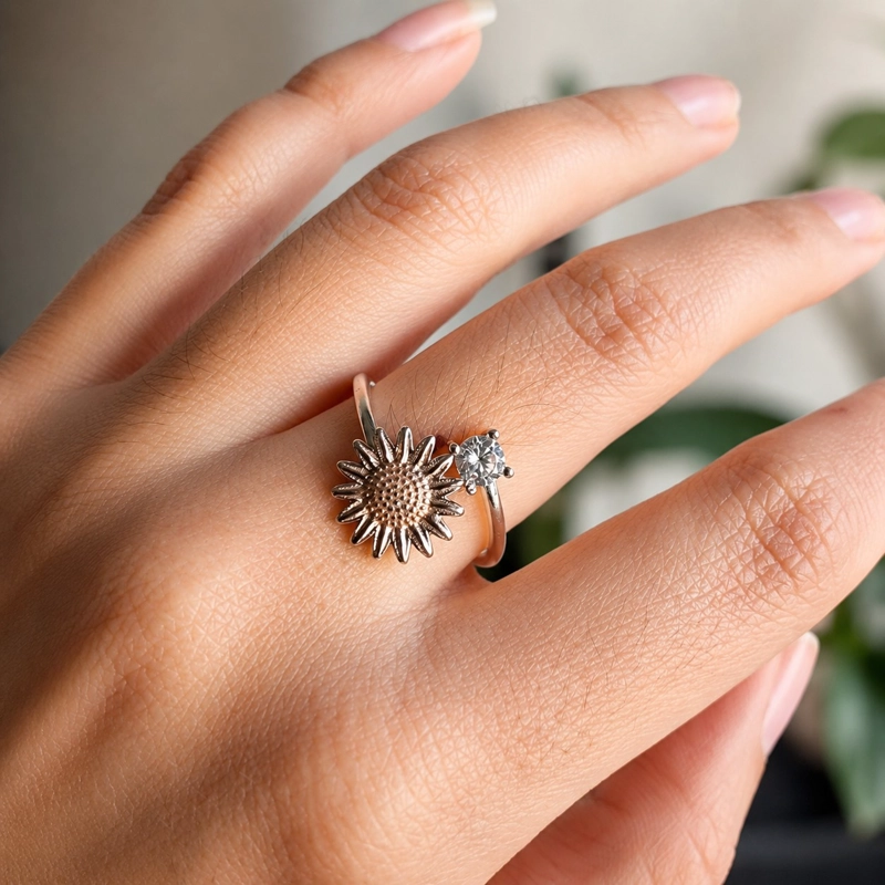ANILLO GIRASOL AJUSTABLE PLATA LEY 925 - 2