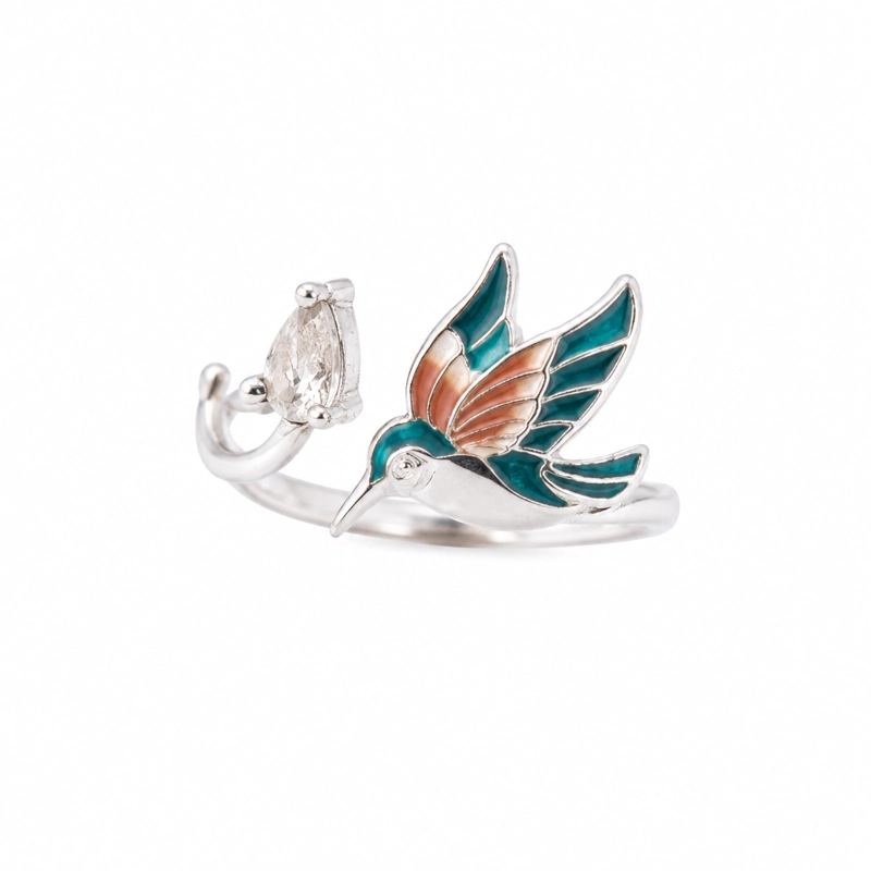 ANILLO COLIBRI CIRCON ESMALTADO AJUSTABLE PLATA LEY 925 - 1