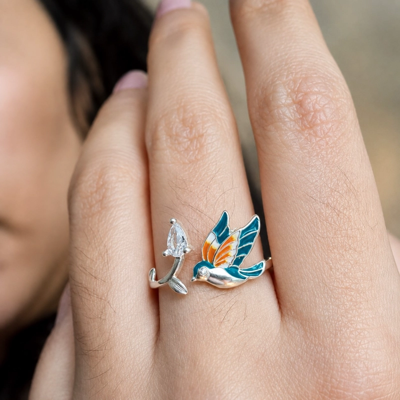 ANILLO COLIBRI CIRCON ESMALTADO AJUSTABLE PLATA LEY 925 - 2