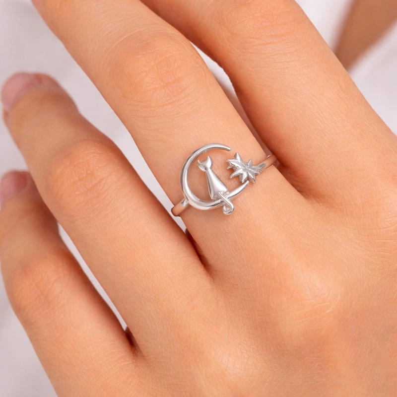 ANILLO GATITO EN LA LUNA AJUSTABLE PLATA LEY 925 - 2