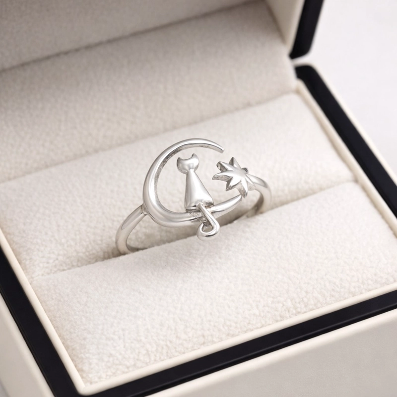 ANILLO GATITO EN LA LUNA AJUSTABLE PLATA LEY 925 - 3
