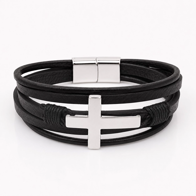 PULSERA HOMBRE CUERO CRUZ ACERO INOXIDABLE - 1