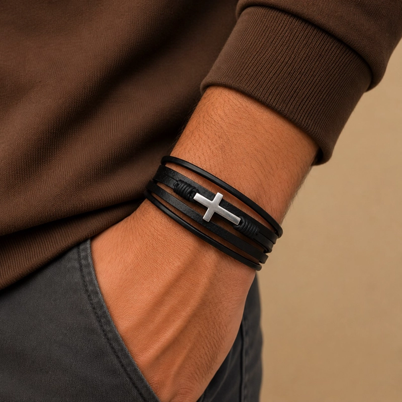 PULSERA HOMBRE CUERO CRUZ ACERO INOXIDABLE - 2