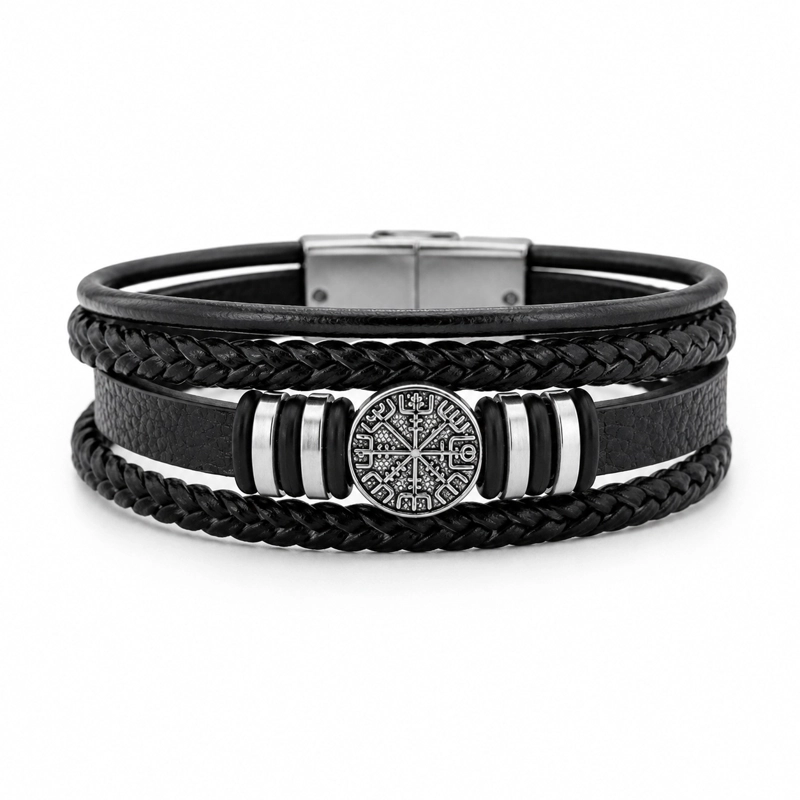 PULSERA CUERO HOMBRE BRUJULA VIKINGA NORDICO ACERO INOXIDABLE - 1