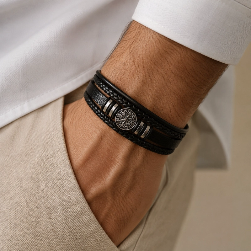 PULSERA CUERO HOMBRE BRUJULA VIKINGA NORDICO ACERO INOXIDABLE - 2