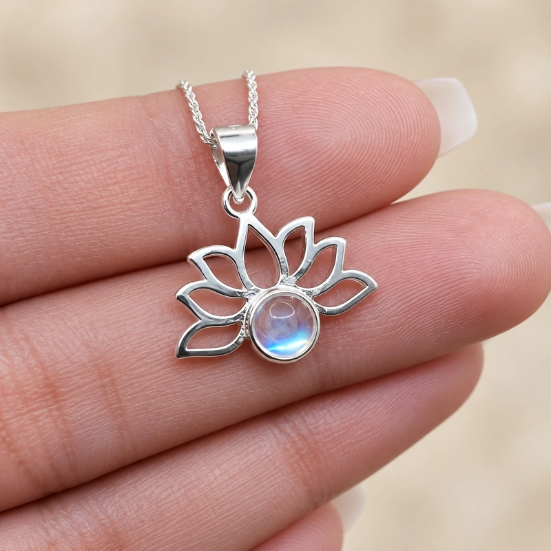 COLLAR FLOR DE LOTO CON PIEDRA LUNA PLATA LEY 925 - 2