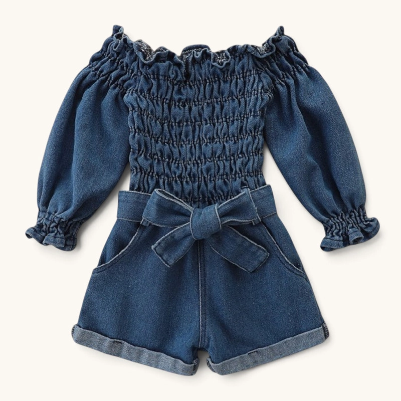 CONJUNTO DE ENTERITO MANGA LARGA DE MEZCLILLA + DIADEMA PARA NIÑAS PRIMAVERA VERANO - 1