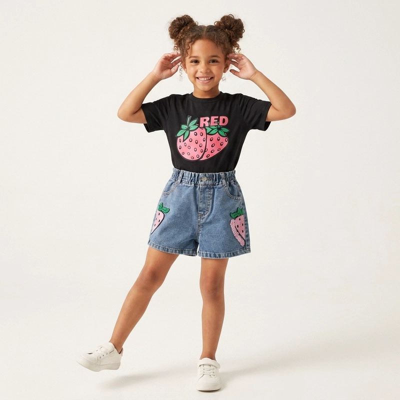 CONJUNTO DE POLERA + SHORT DE MEZCLILLA PARA NIÑAS PRIMAVERA VERANO - 2