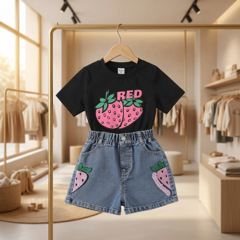 CONJUNTO DE POLERA + SHORT DE MEZCLILLA PARA NIÑAS PRIMAVERA VERANO - 3