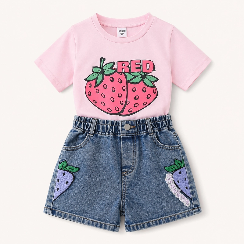 CONJUNTO DE POLERA + SHORT DE MEZCLILLA PARA NIÑAS PRIMAVERA VERANO - 1