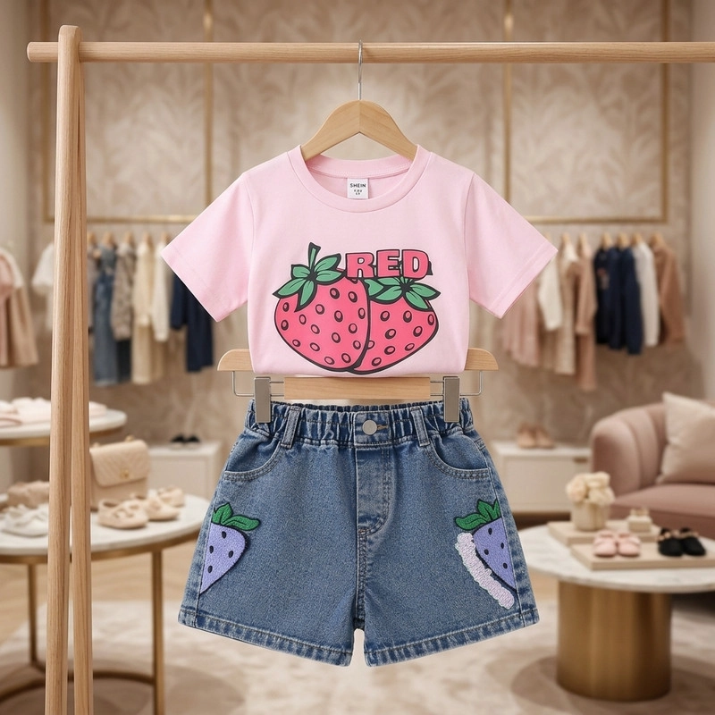 CONJUNTO DE POLERA + SHORT DE MEZCLILLA PARA NIÑAS PRIMAVERA VERANO - 2
