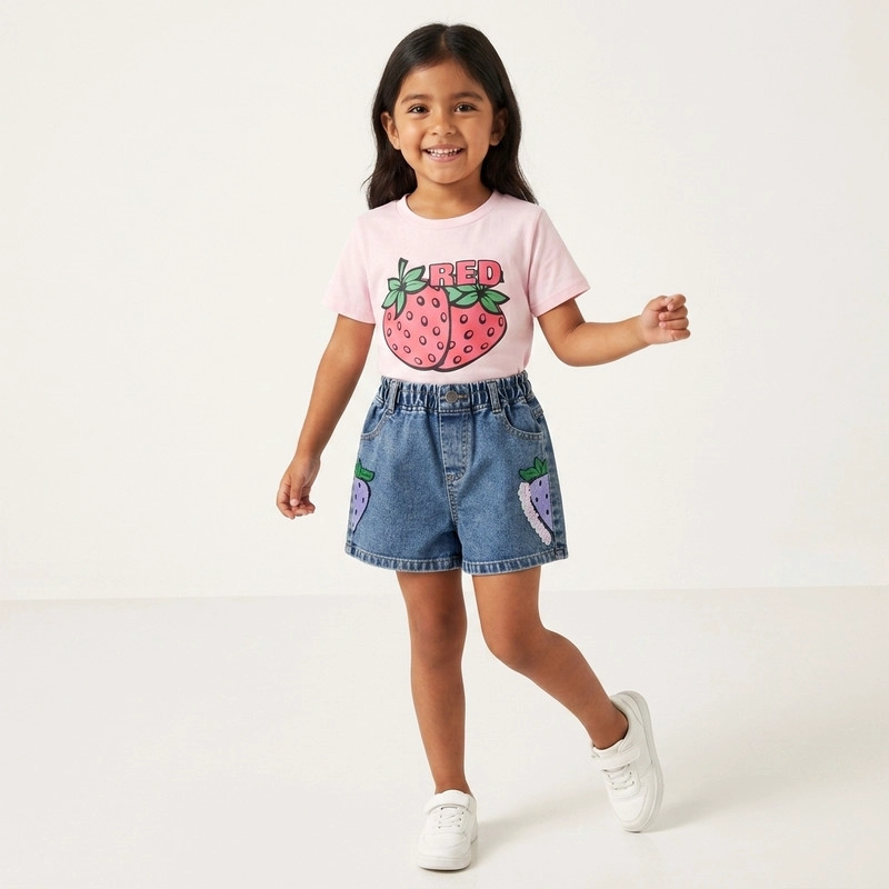 CONJUNTO DE POLERA + SHORT DE MEZCLILLA PARA NIÑAS PRIMAVERA VERANO - 3