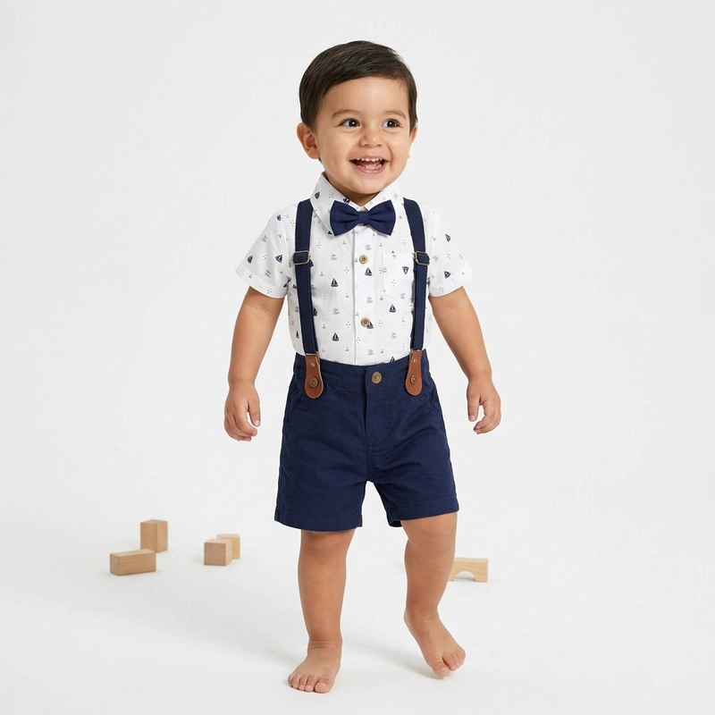 CONJUNTO PARA NIÑO DE BODY CON BOTONES Y SHORT CON SUSPENSOR + HUMITA - 1