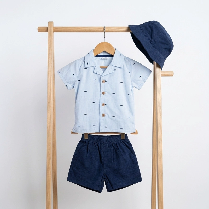CONJUNTO PARA NIÑO DE POLERA CON BOTONES Y SHORT + GORRO 3 PRENDAS - 1