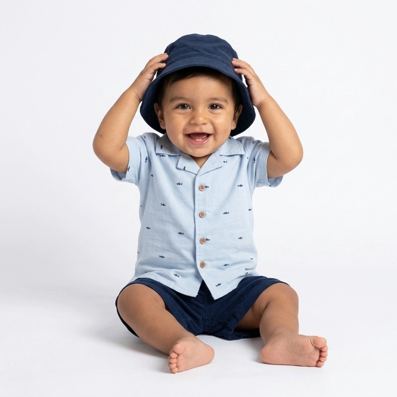 CONJUNTO PARA NIÑO DE POLERA CON BOTONES Y SHORT + GORRO 3 PRENDAS - 2