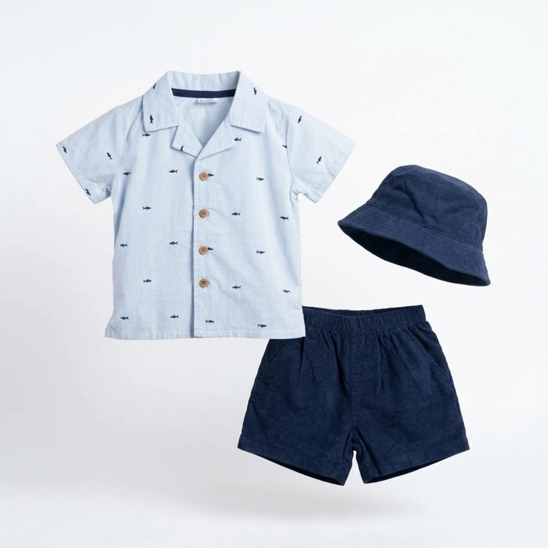 CONJUNTO PARA NIÑO DE POLERA CON BOTONES Y SHORT + GORRO 3 PRENDAS - 4