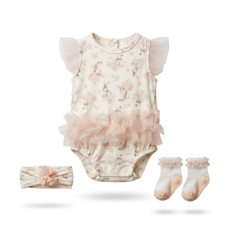 CONJUNTO PARA NIÑA DE BODY Y DIADEMA + MEDIAS 3 PRENDAS PRIMAVERA - 3