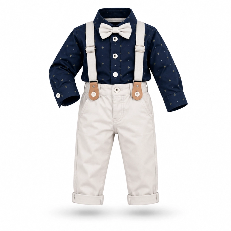 CONJUNTO PARA NIÑO POLERA DE BOTONES Y PANTALON CON SUSPENSOR + HUMITA - 2