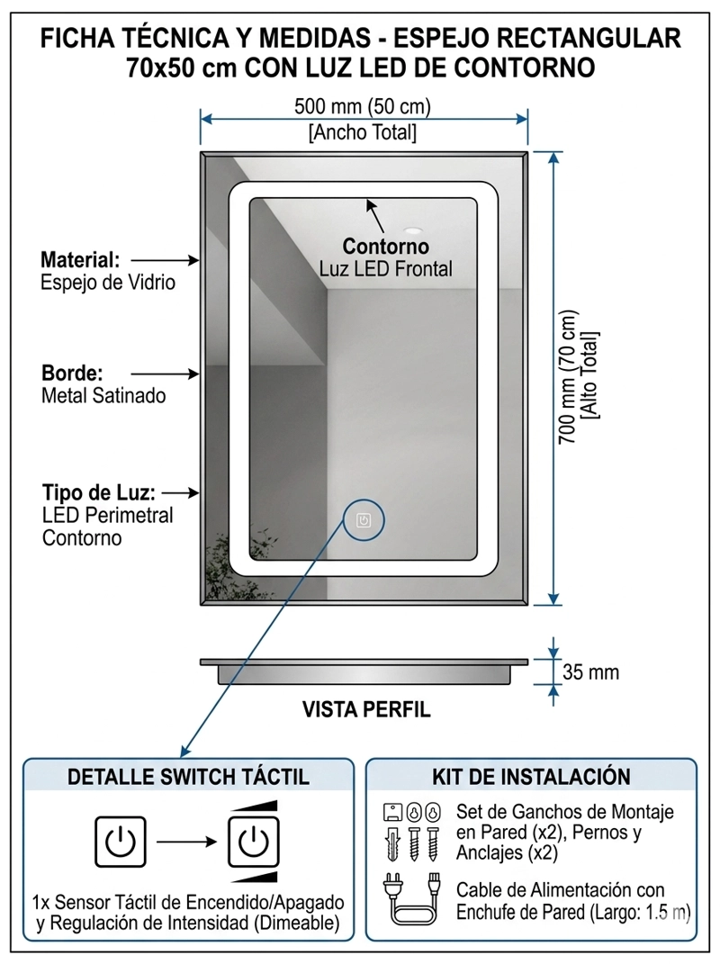 ESPEJO 70X50 RECTANGULAR, CONTORNO LUS LED - 3