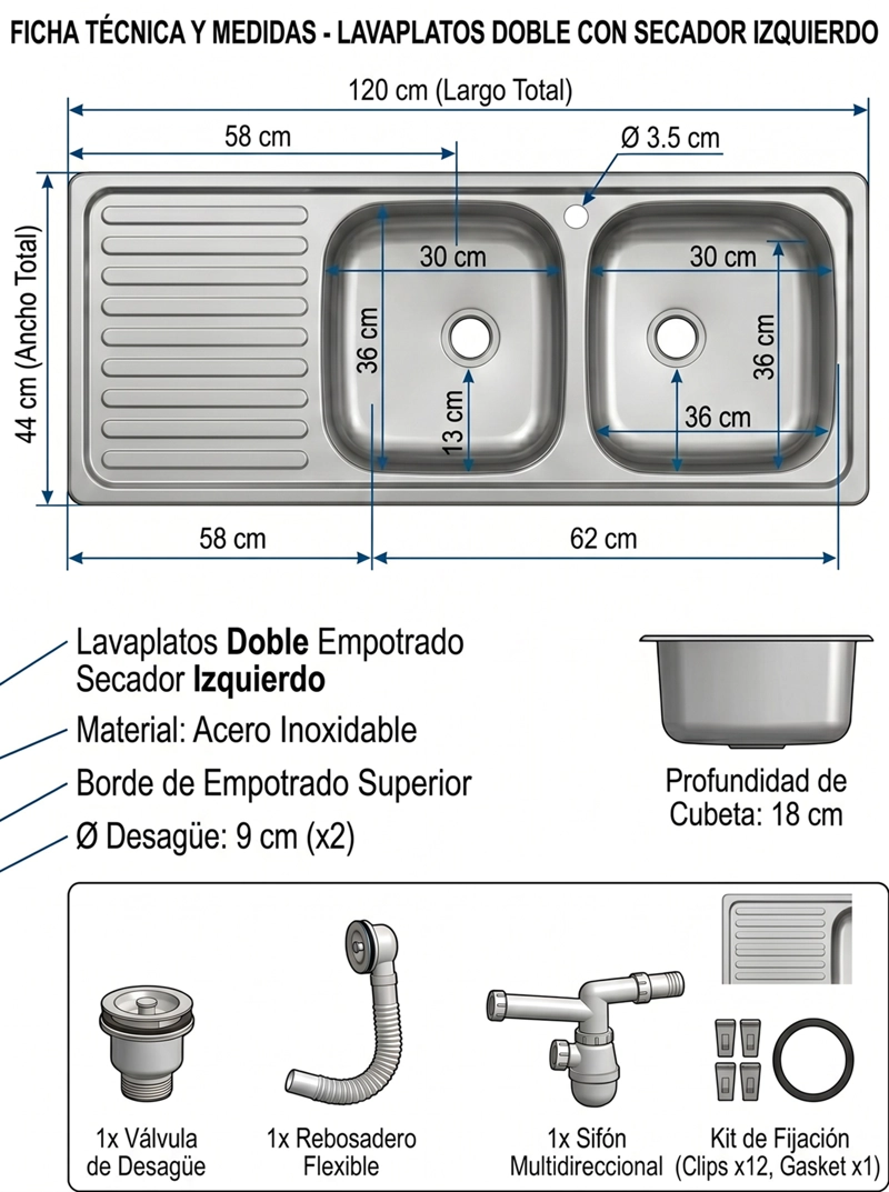 LAVAPLATO DOBLE EMPOTRADO 120X44 CM. SECADOR IZQUIERDO MONOMANDO - 2