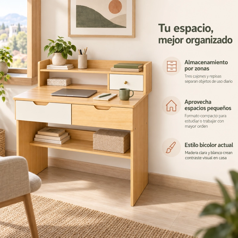 ESCRITORIO CON TRES CAJONES Y REPISA PARA ESTUDIO EN CASA - 5