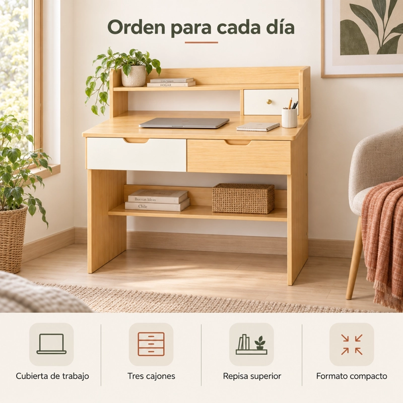 ESCRITORIO CON TRES CAJONES Y REPISA PARA ESTUDIO EN CASA - 7