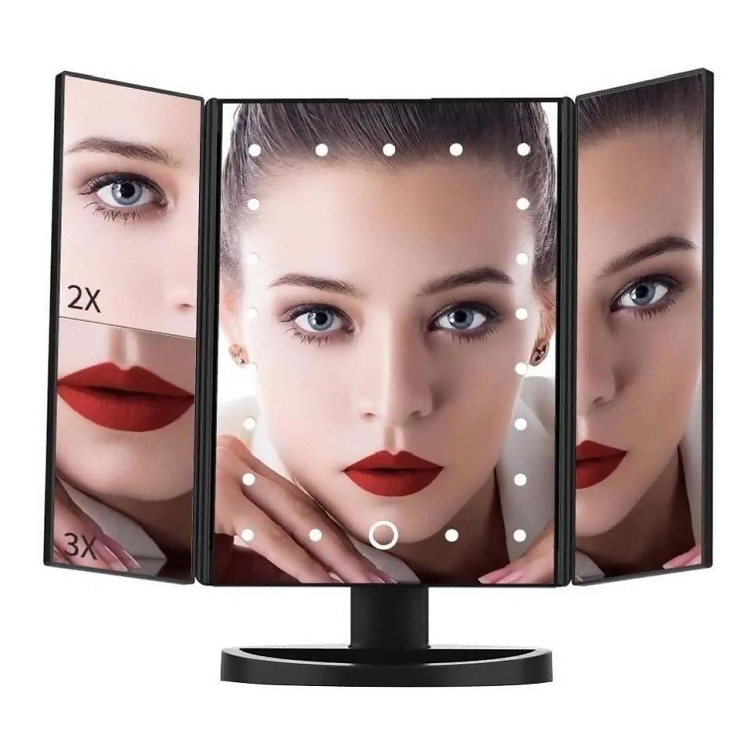 ESPEJO DE TODO Y MÁS PORTÁTIL MAQUILLAJE 3 PLIEGUE 24 LUZ LED TOCADOR USB ROSADO - 1