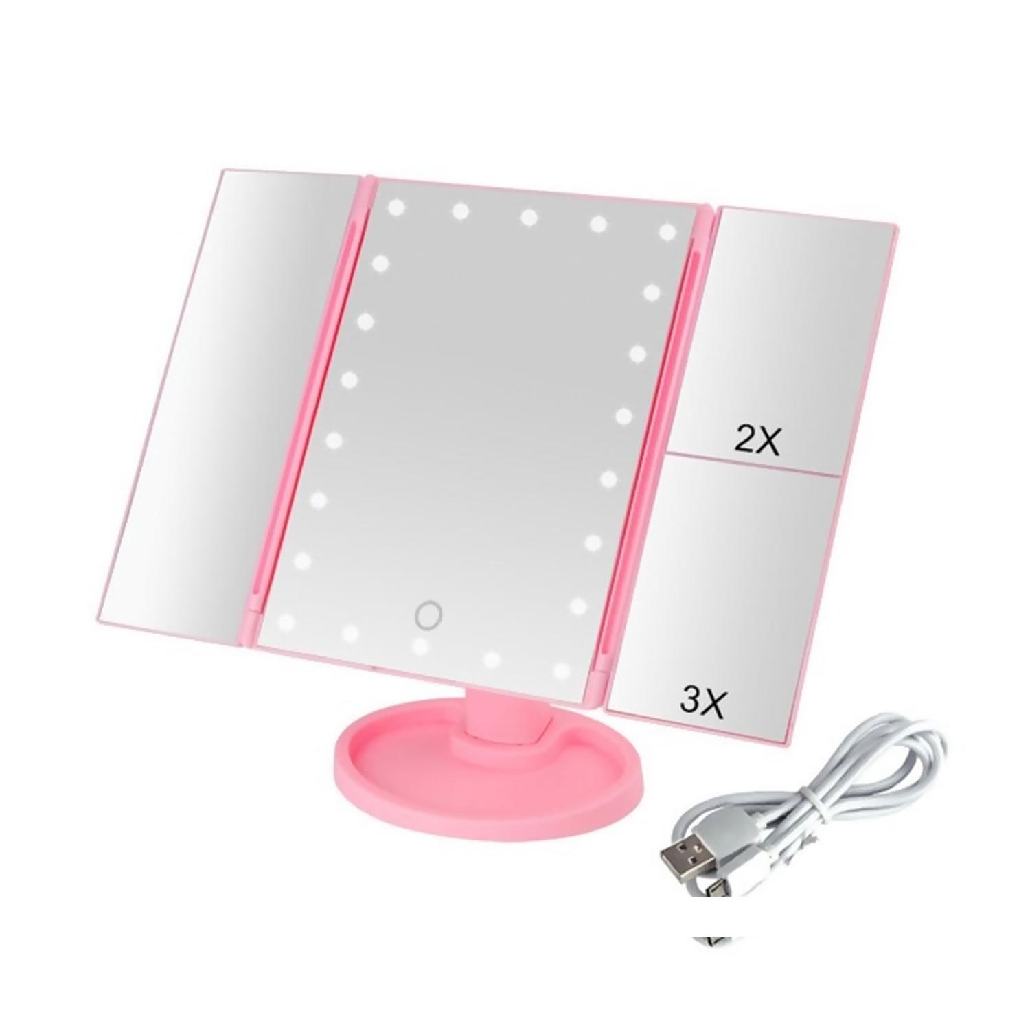 ESPEJO DE TODO Y MÁS PORTÁTIL MAQUILLAJE 3 PLIEGUE 24 LUZ LED TOCADOR USB ROSADO - 5