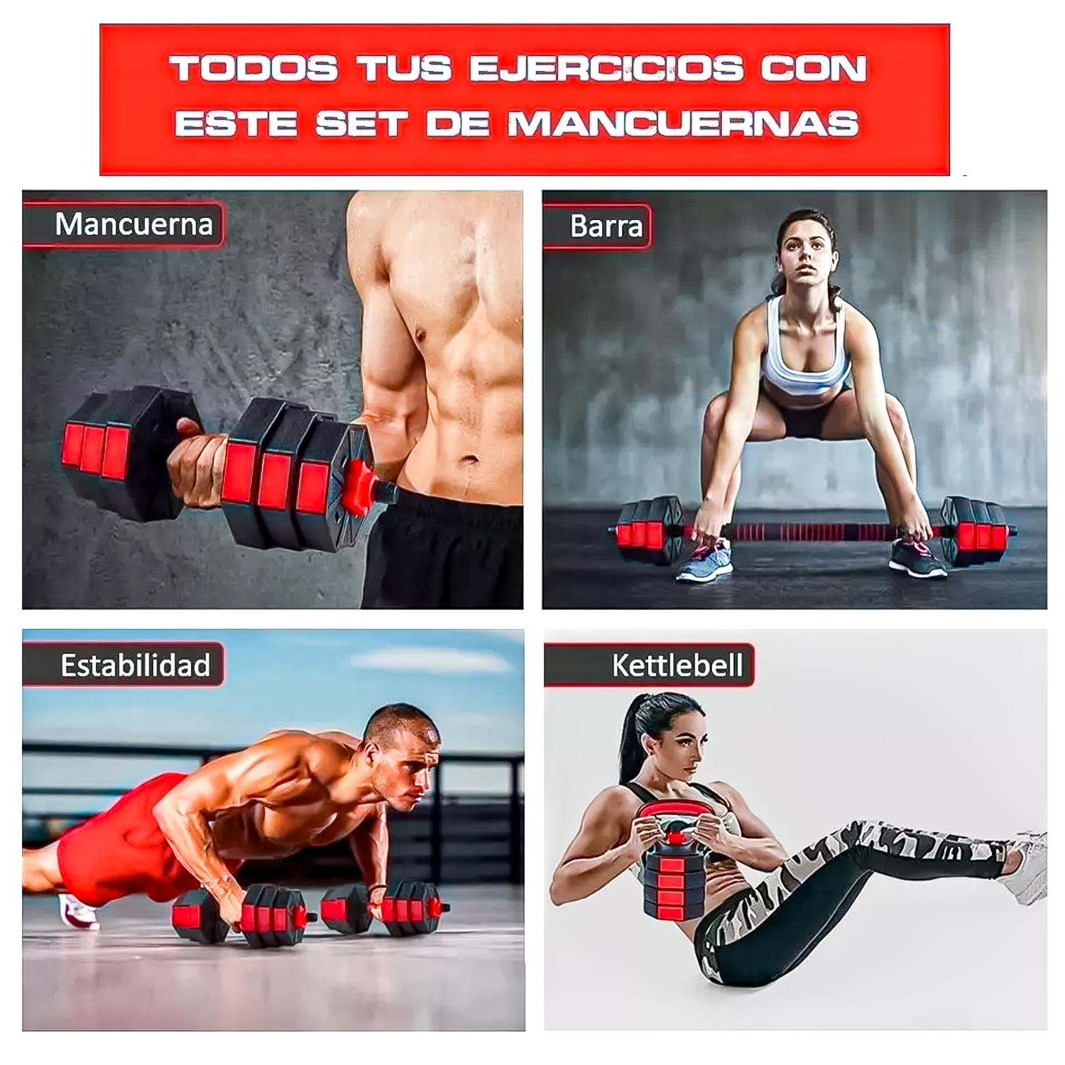 SET MANCUERNAS DE TODO Y MÁS 15 KG AJUSTABLES 3 EN 1 + BARRA + KETTLEBELL - 4