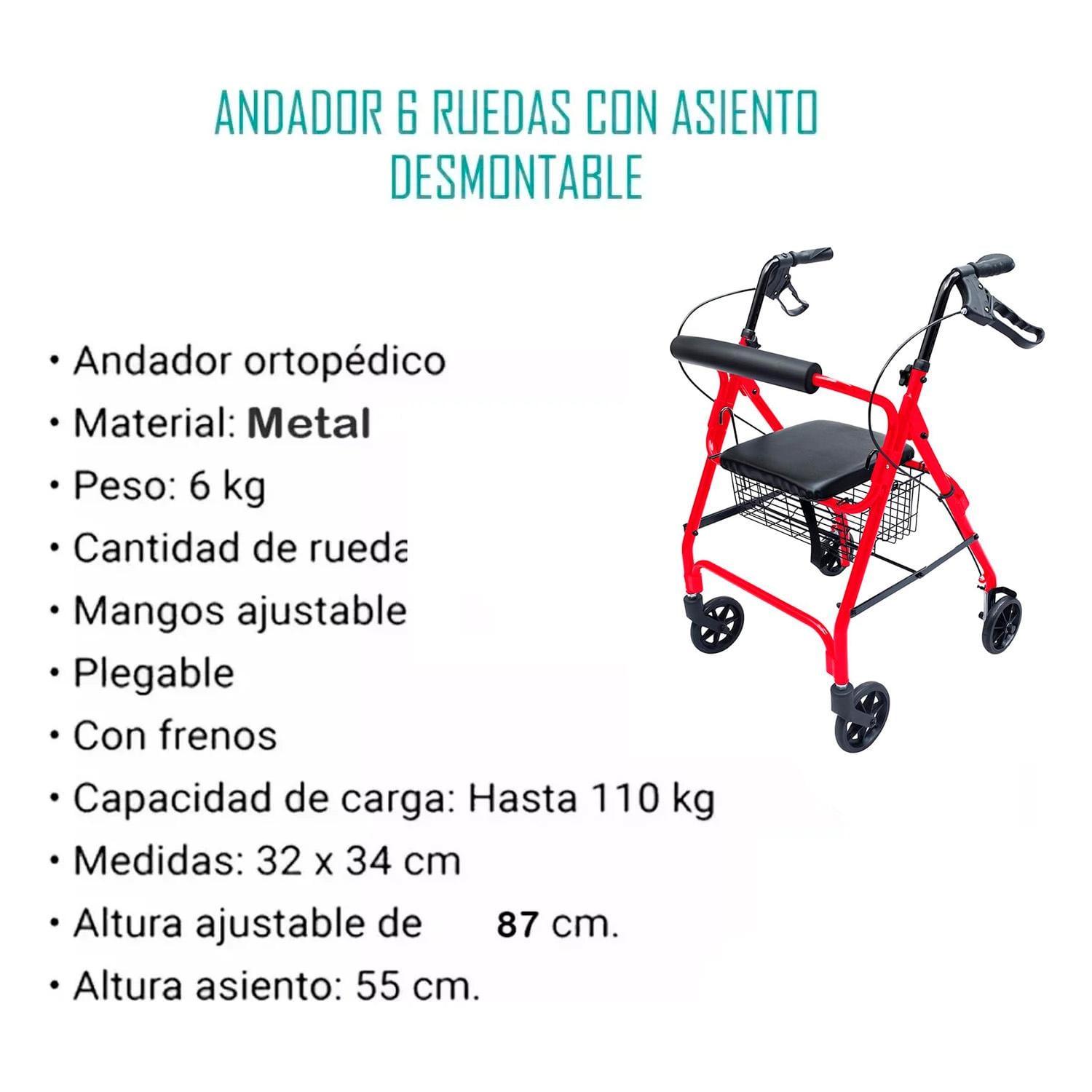 ANDADOR ADULTO ORTOPE DICO PLEGABLE C/RUEDAS FRENOS ASIENTO - ROJO - 5